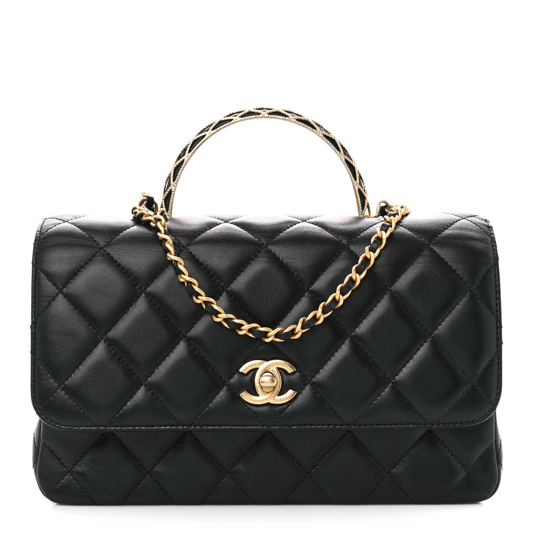 Chanel Lambskin Quilted Small Metal Top Handle Flap With Chain Black Bag ( Limited Edition)