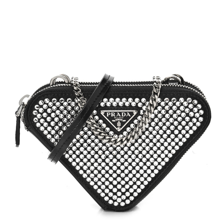 Prada Black Triangular Embellished Satin and Leather Mini-Pouch Bag with Crystals and Removable Straps