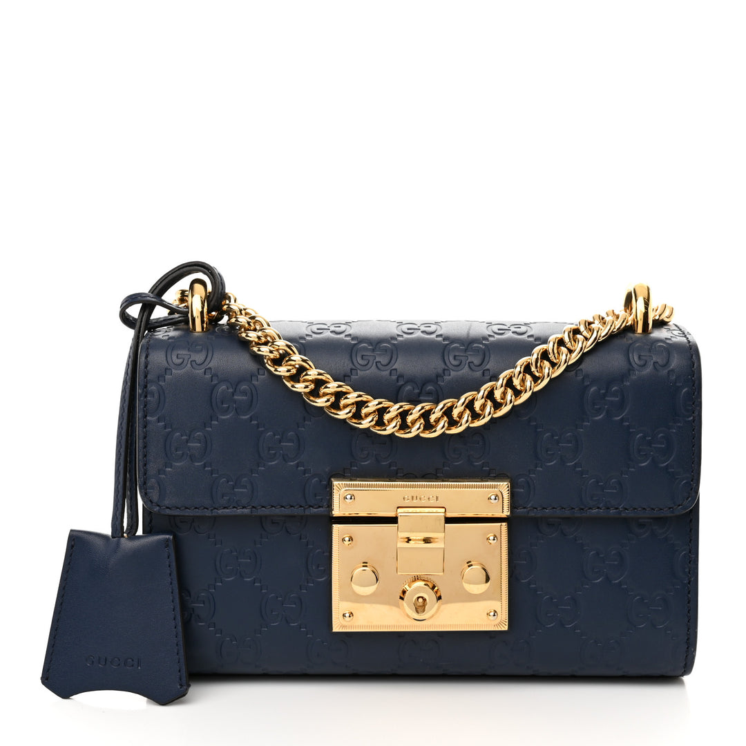 Gucci Navy Blue Guccissima Leather Small Padlock Shoulder Bag