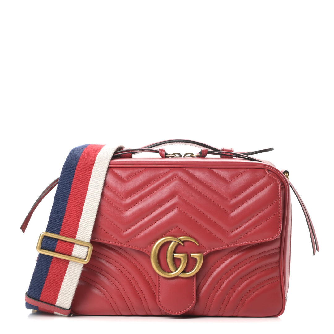 Gucci Calfskin Matelasse Sylvie Web Small GG Marmont Top Handle Shoulder Bag Hibiscus Red - Gemaee  UAE