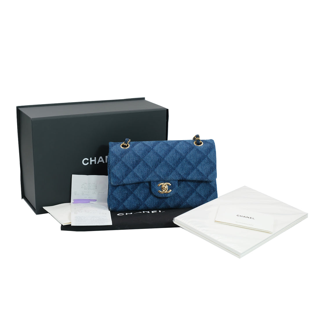 Chanel Printed Denim Quilted Small Rectangular Flap Dark Blue Bag