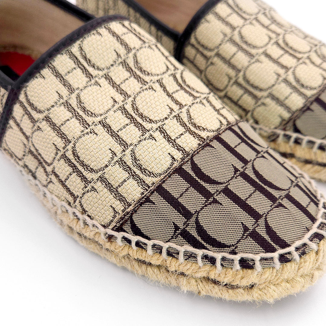 CH Carolina Herrera Beige/Brown Monogram Canvas and Leather Espadrille Flats