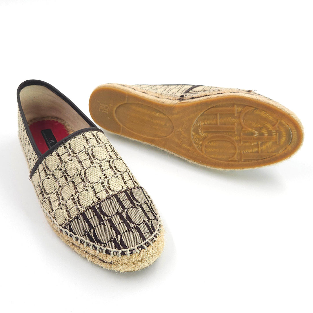 CH Carolina Herrera Beige/Brown Monogram Canvas and Leather Espadrille Flats