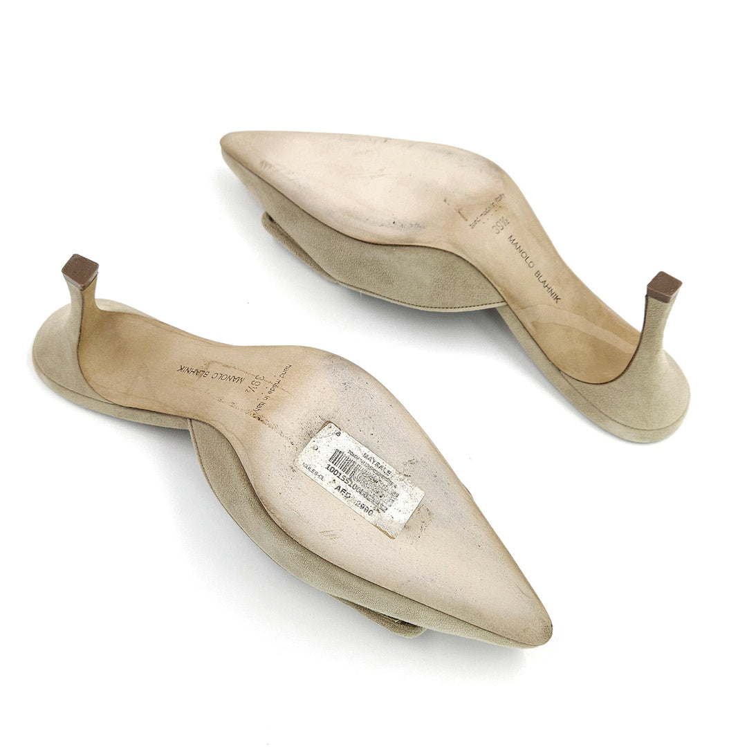 Manolo Blahnik Beige Suede Maysale Mules Sandals