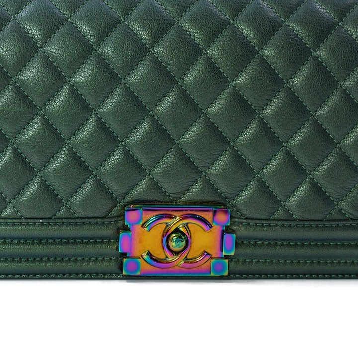 CHANEL IRIDESCENT GOATSKIN QUILTED MEDIUM GREEN BOY BAG