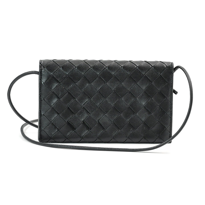 Bottega Veneta Intrecciato Leather Chain Shoulder Wallet Black