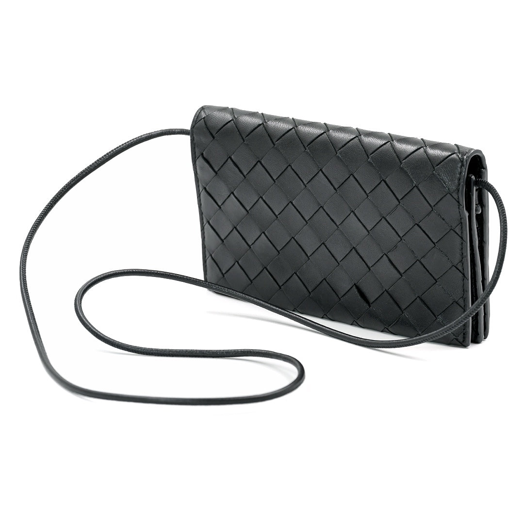 Bottega Veneta Intrecciato Leather Chain Shoulder Wallet Black