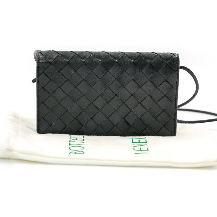 Bottega Veneta Intrecciato Leather Chain Shoulder Wallet Black