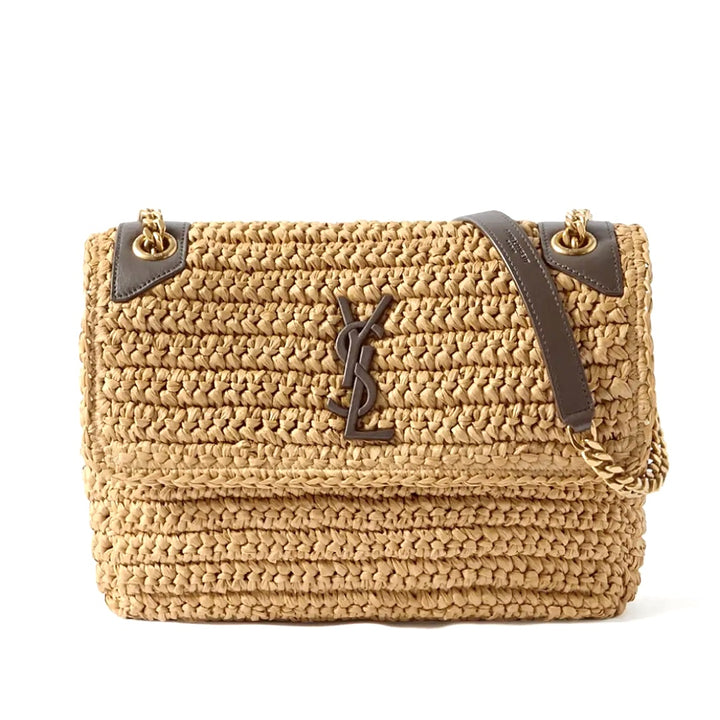 Saint Laurent Niki medium leather-trimmed raffia shoulder bag