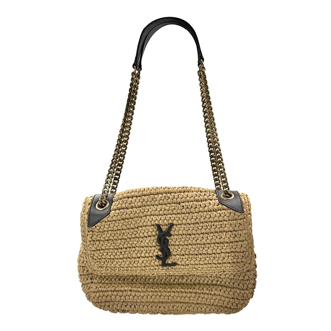 Saint Laurent Niki medium leather-trimmed raffia shoulder bag