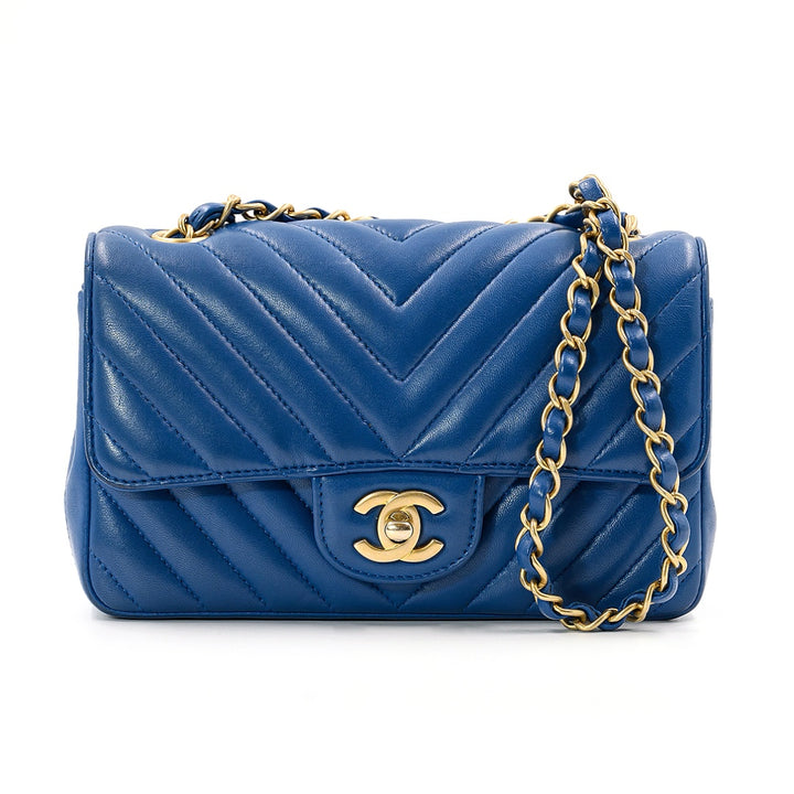 Chanel Blue Rectangular Classic Chevron Lambskin Mini Single Flap Bag