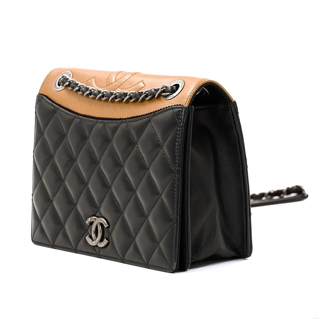 Chanel Black and Beige Quilted Leather and Grosgrain Small Ballerine Flap Bag