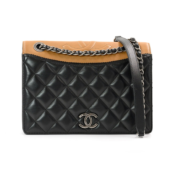 Chanel Black and Beige Quilted Leather and Grosgrain Small Ballerine Flap Bag