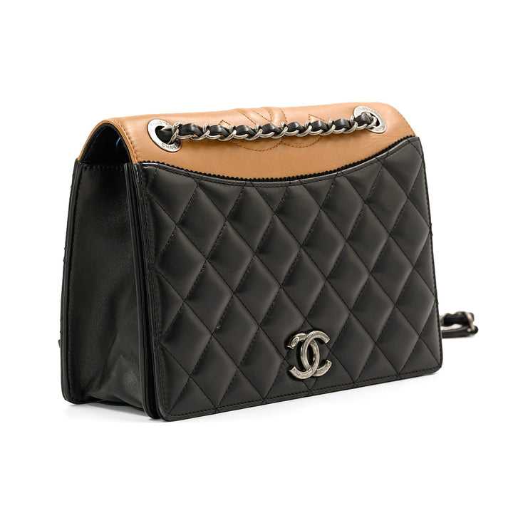 Chanel Black and Beige Quilted Leather and Grosgrain Small Ballerine Flap Bag