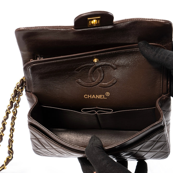 Chanel Chocolate Brown Lambskin vintage classic flap small chain shoulder bag