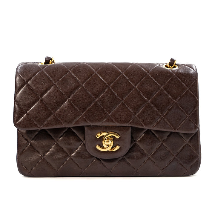 Chanel Chocolate Brown Lambskin vintage classic flap small chain shoulder bag