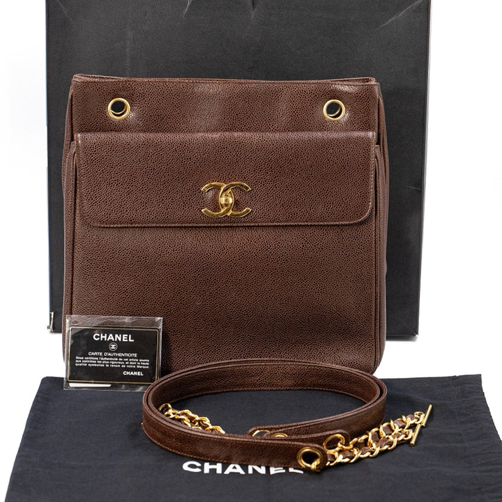 Chanel Brown Caviar Vintage coco mark chain Tote Bag