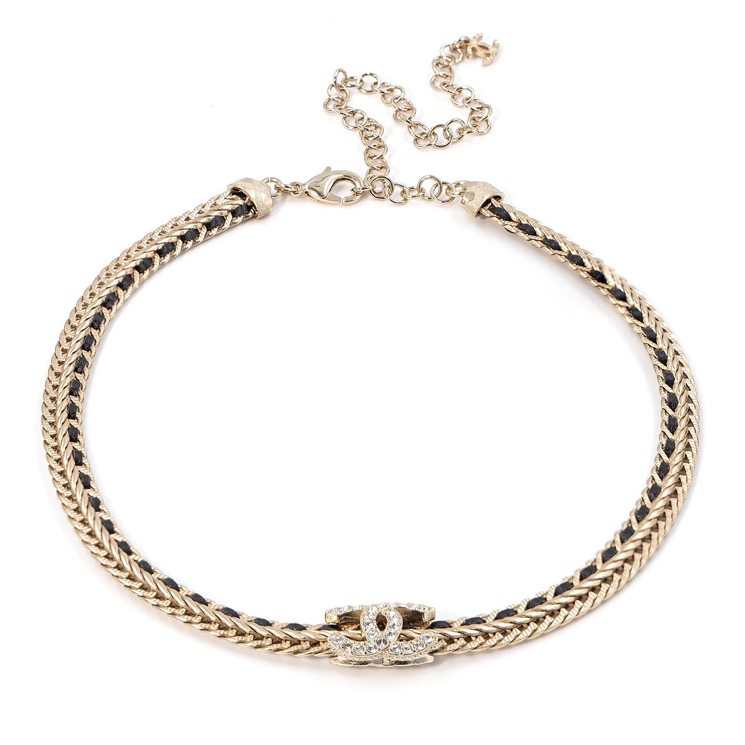 Chanel Gold Metal Chocker Necklace with Black wooven Lambskin Leather