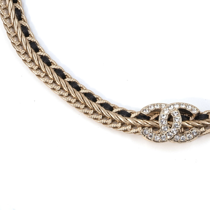 Chanel Gold Metal Chocker Necklace with Black wooven Lambskin Leather