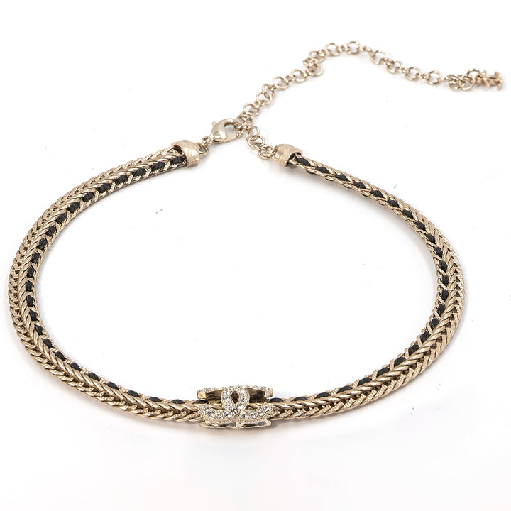 Chanel Gold Metal Chocker Necklace with Black wooven Lambskin Leather