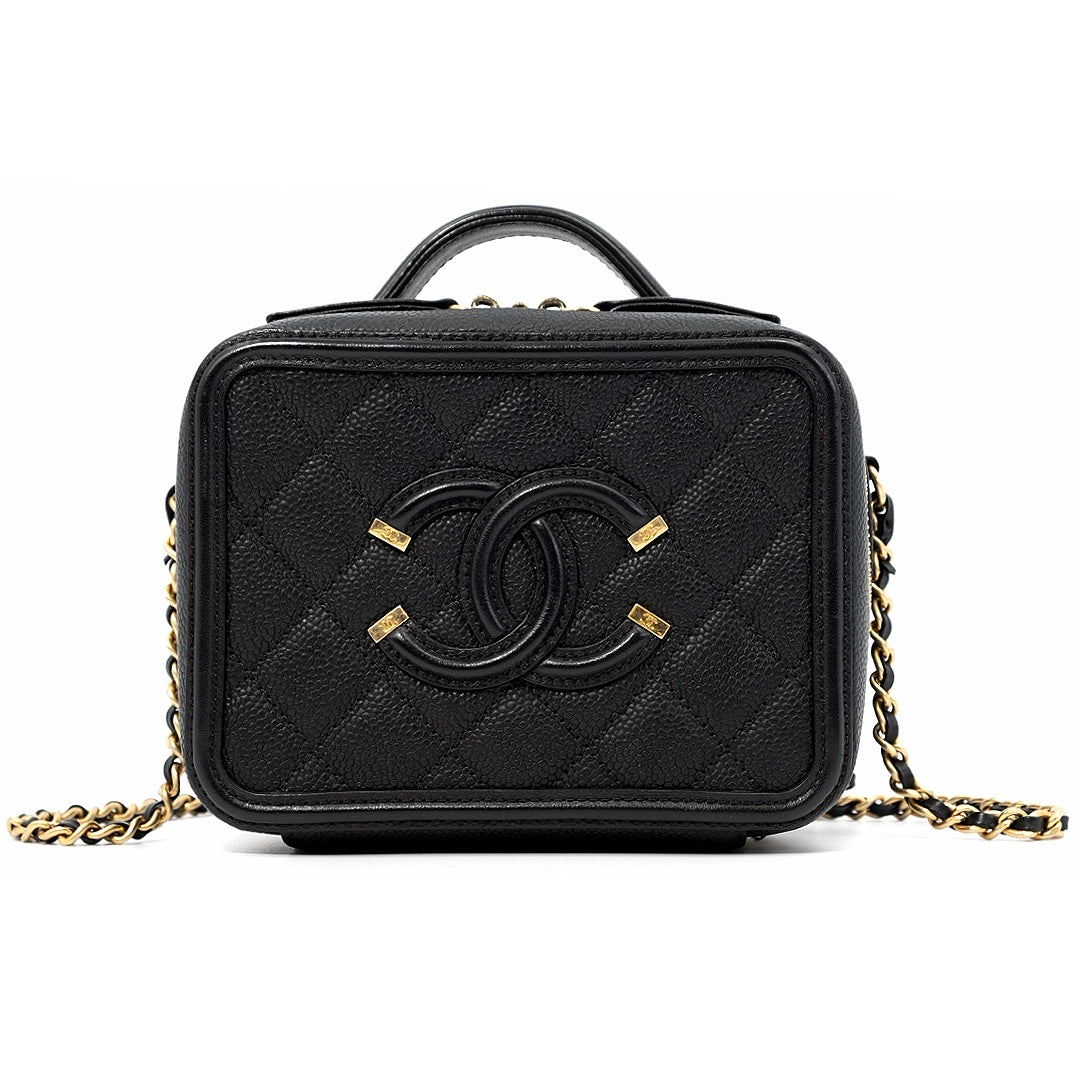 Chanel CC Filigree Vanity Shoulder Bag Black Caviar Leather Size Small