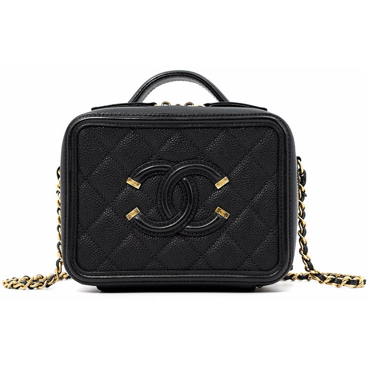 Chanel CC Filigree Vanity Shoulder Bag Black Caviar Leather Size Small