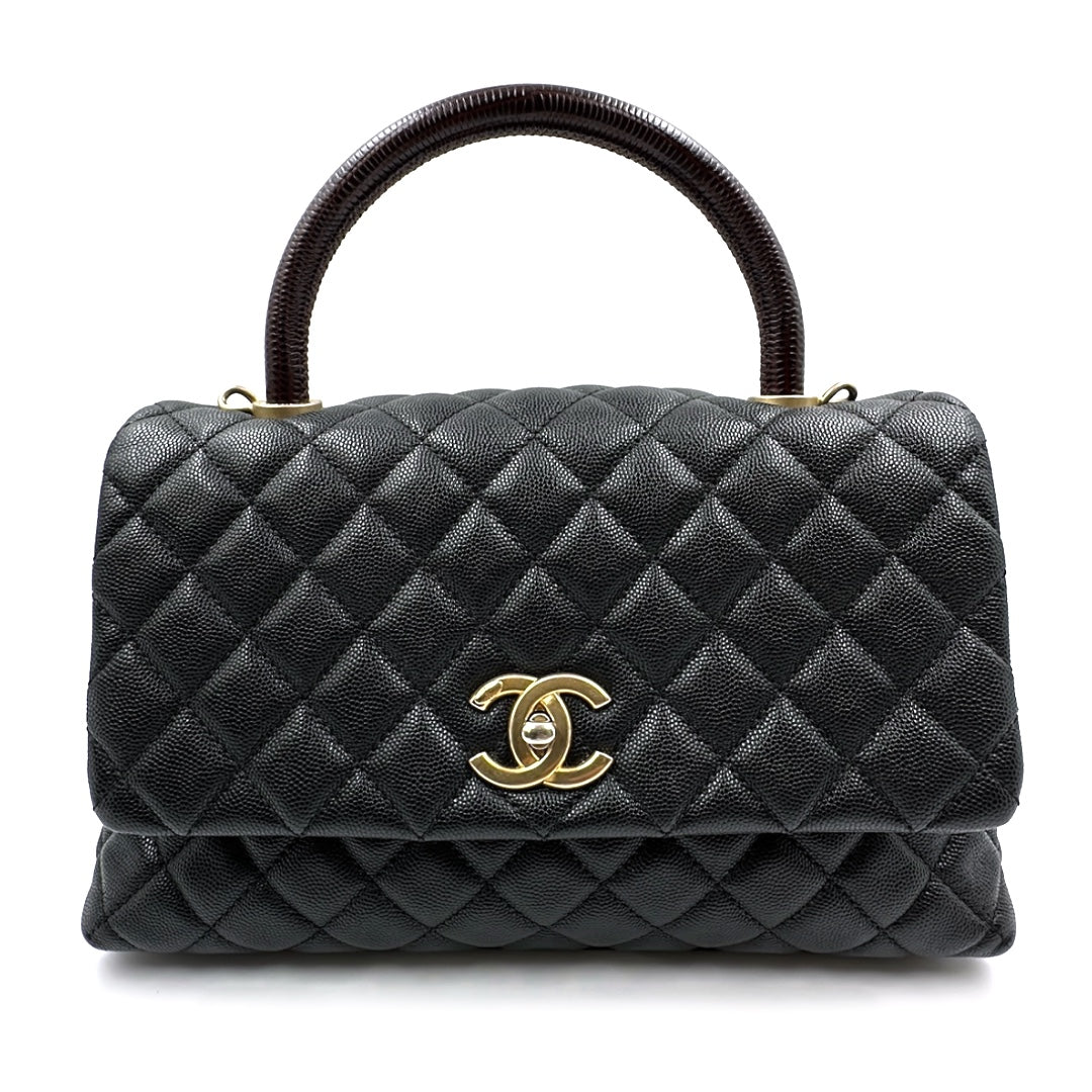 Chanel Coco Handle Quilted Lizard Handle Bag Caviar Leather Gold Hardware