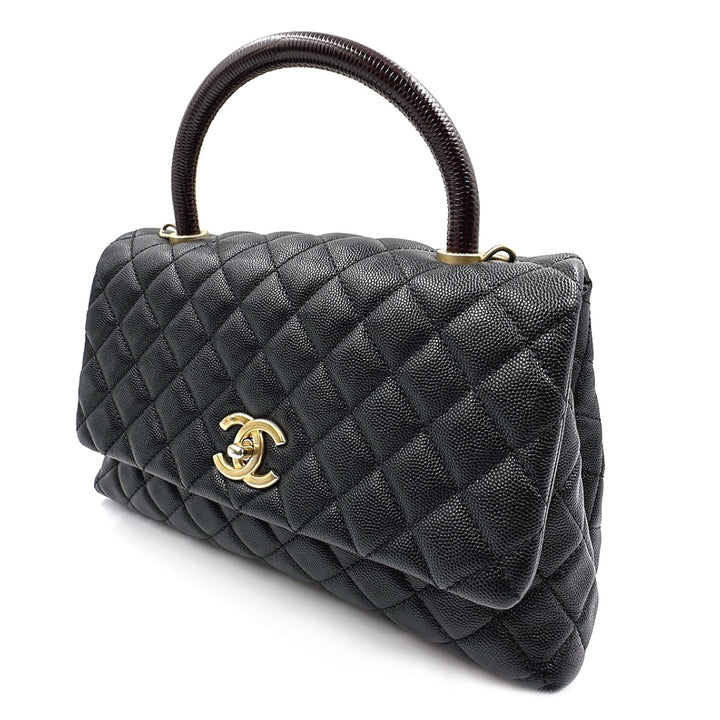 Chanel Coco Handle Quilted Lizard Handle Bag Caviar Leather Gold Hardware