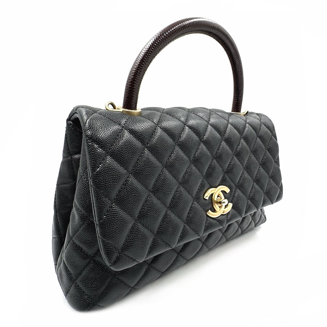 Chanel Coco Handle Quilted Lizard Handle Bag Caviar Leather Gold Hardware