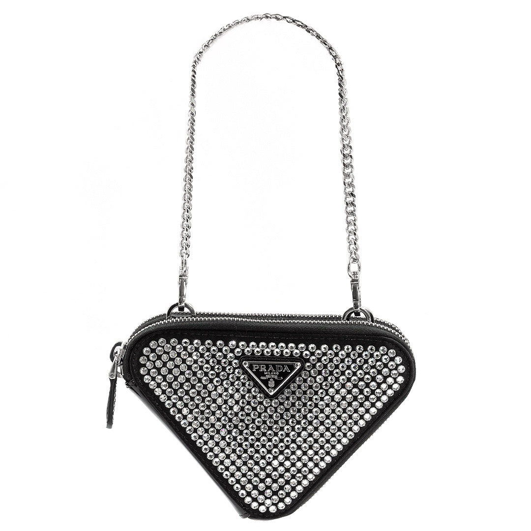 Prada Black Triangular Embellished Satin and Leather Mini-Pouch Bag with Crystals and Removable Straps