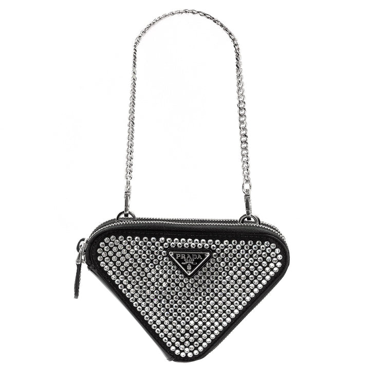 Prada Black Triangular Embellished Satin and Leather Mini-Pouch Bag with Crystals and Removable Straps