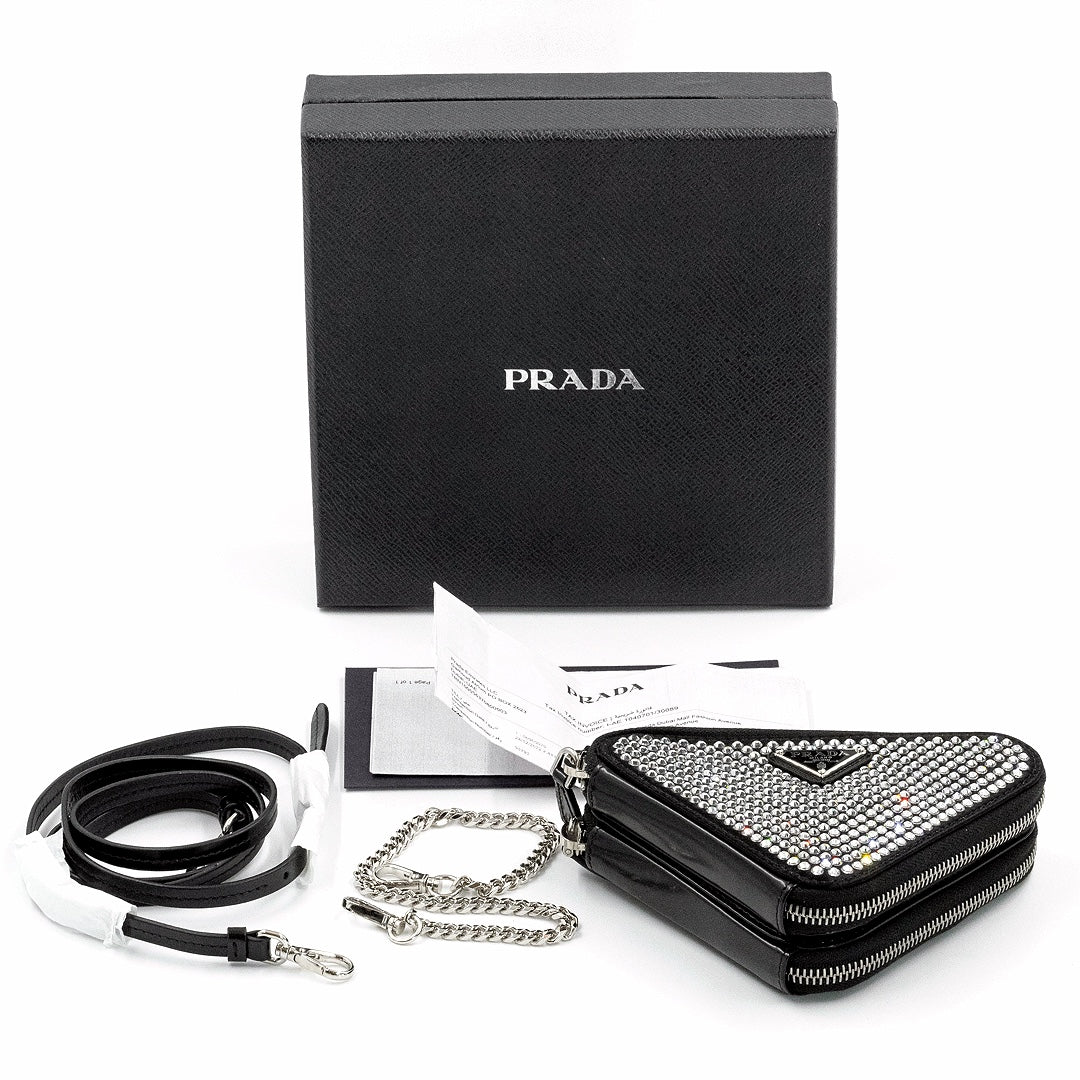 Prada Black Triangular Embellished Satin and Leather Mini-Pouch Bag with Crystals and Removable Straps