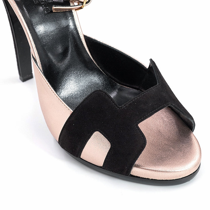 Hermès Black Leather and Suede Premiere 70 Ankle Strap Sandals