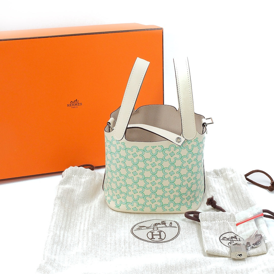 Hermès Limited Edition Picotin Lock Micro 16 Lucky Daisy handbag in Nata and Green Swift leather with Palladium hardware