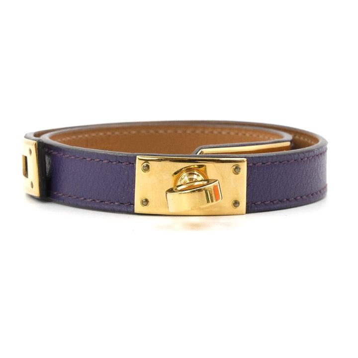 Hermès Kelly Double Tour Purple Leather Gold Plated Wrap Bracelet