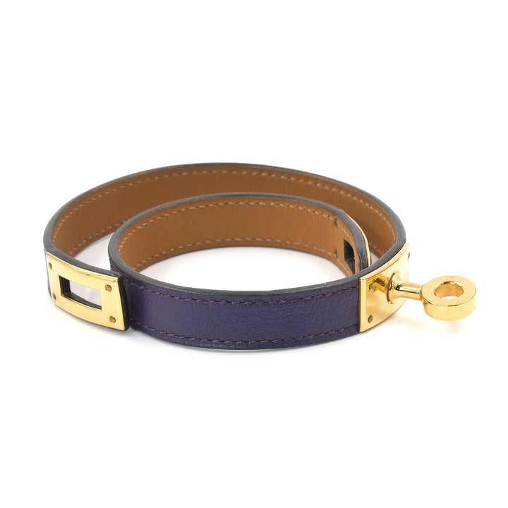 Hermès Kelly Double Tour Purple Leather Gold Plated Wrap Bracelet