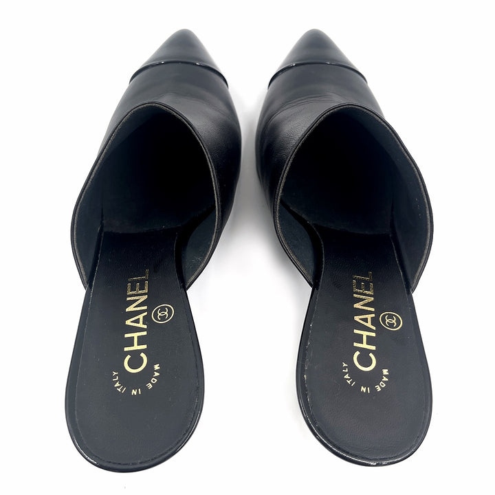 Chanel CC Logo With Pearls Heels Mule Pump Shoe Black Beige Leather