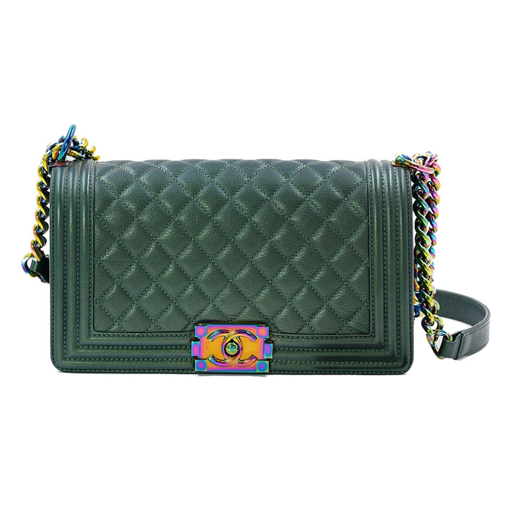 CHANEL IRIDESCENT GOATSKIN QUILTED MEDIUM GREEN BOY BAG