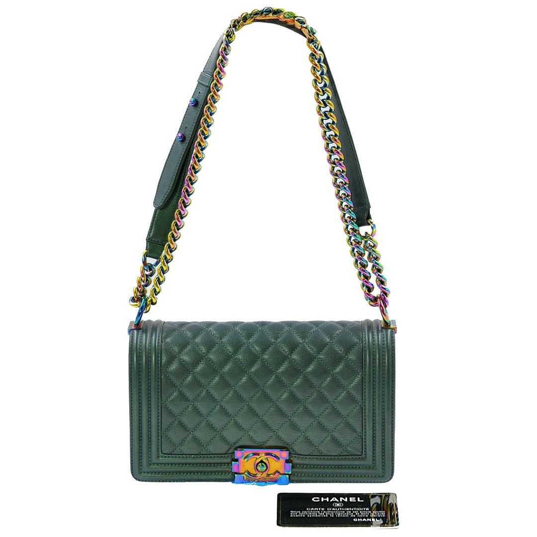 CHANEL IRIDESCENT GOATSKIN QUILTED MEDIUM GREEN BOY BAG