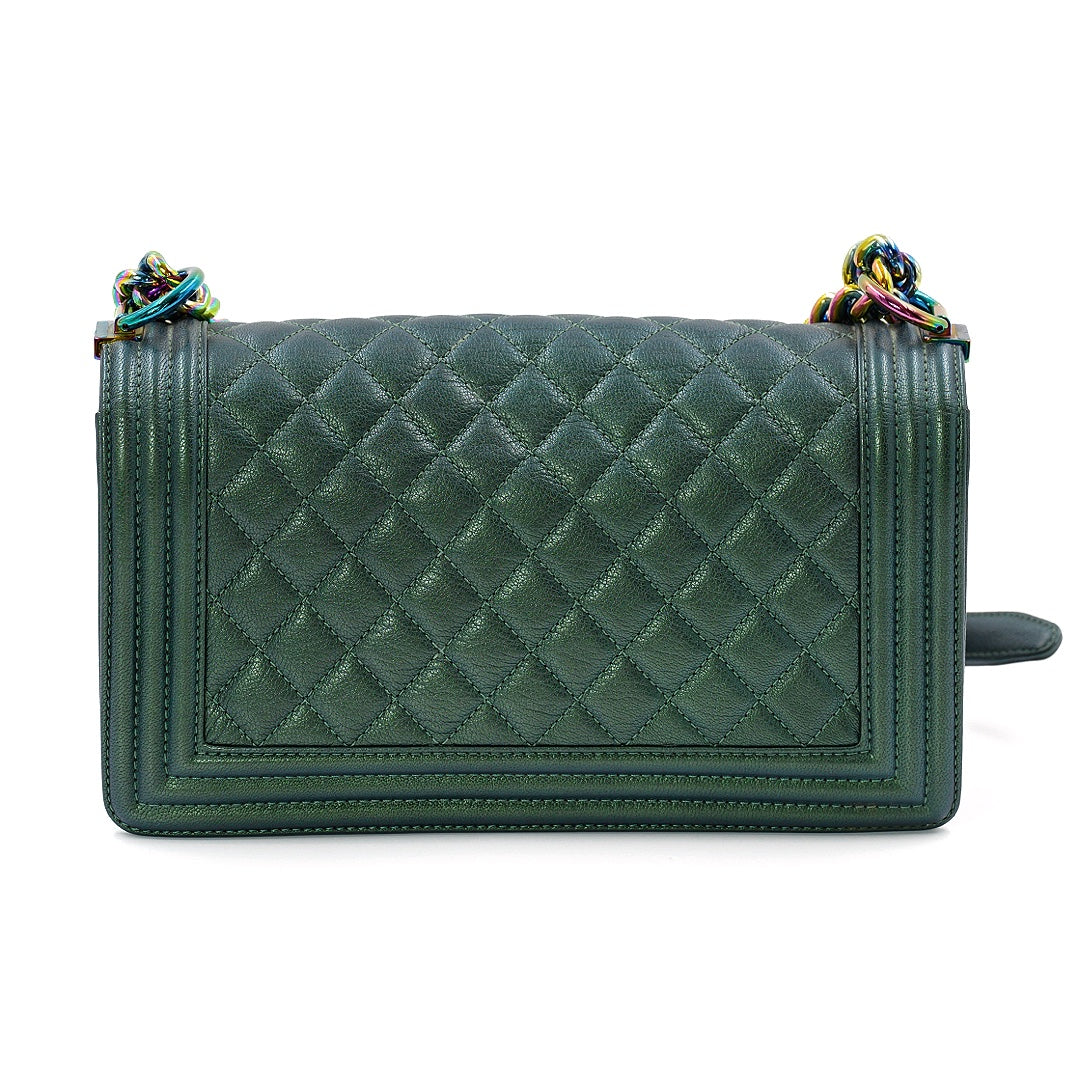 CHANEL IRIDESCENT GOATSKIN QUILTED MEDIUM GREEN BOY BAG