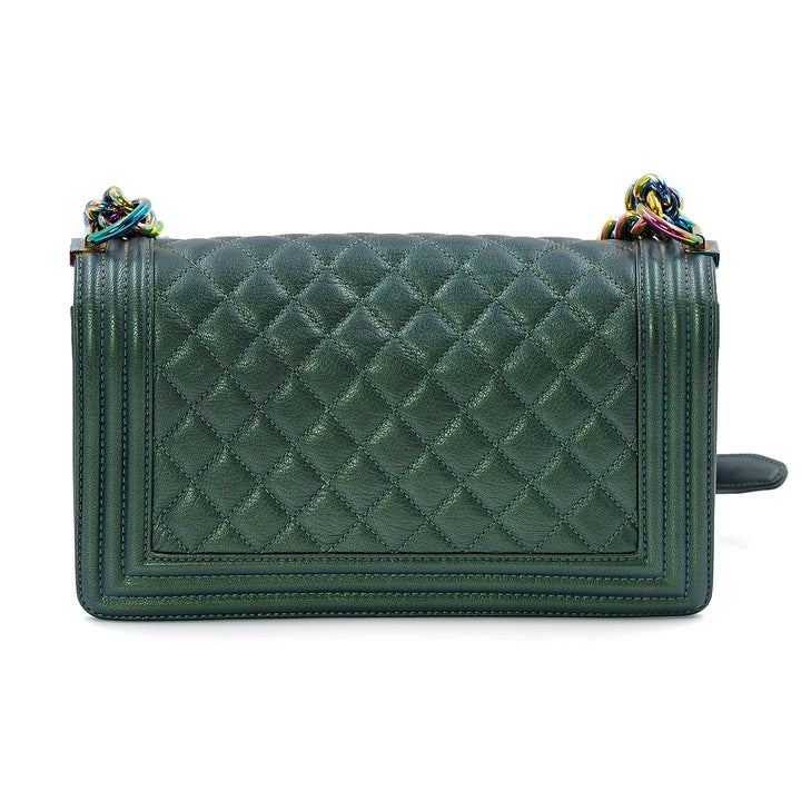 CHANEL IRIDESCENT GOATSKIN QUILTED MEDIUM GREEN BOY BAG