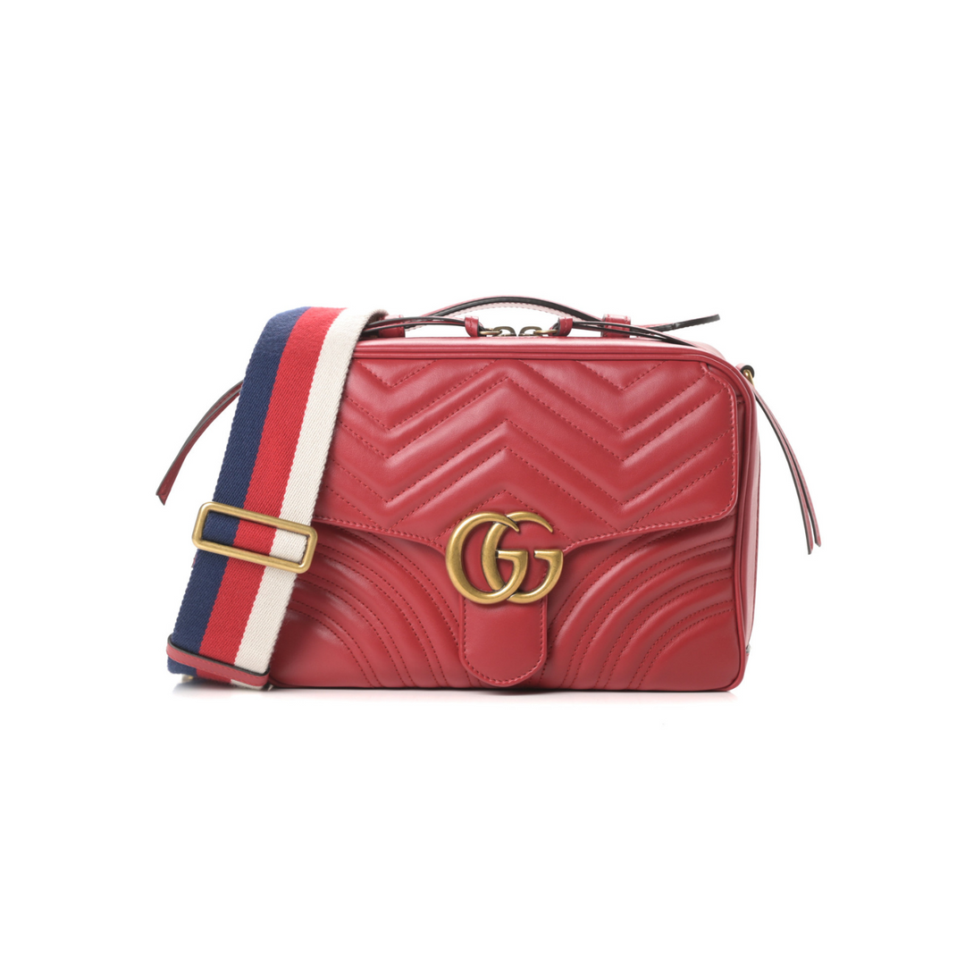 Gucci Calfskin Matelasse Sylvie Web Small GG Marmont Top Handle Shoulder Bag Hibiscus Red - Gemaee  UAE