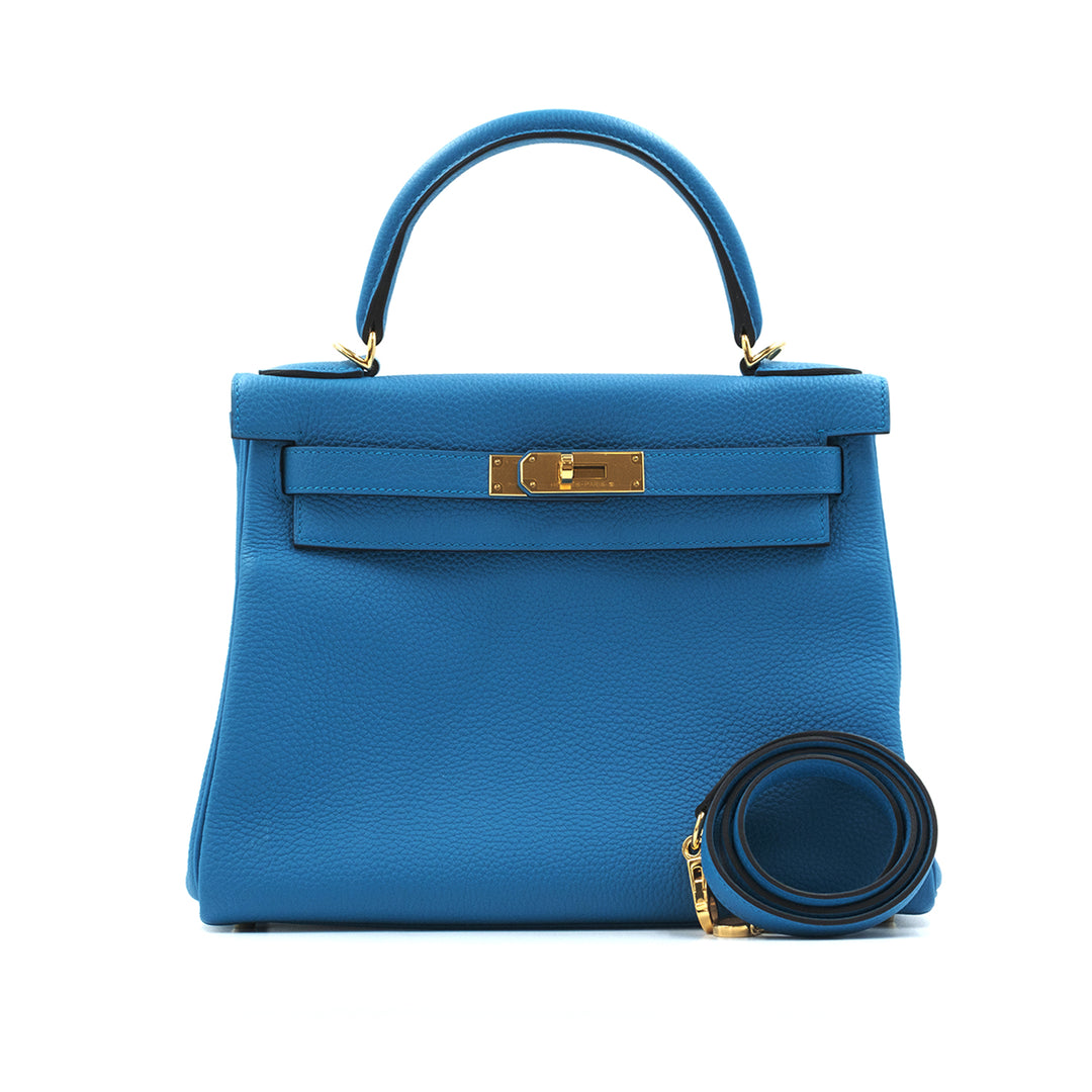 Hermès  Togo Kelly Retourne 28 Bleu Zanzibar Gold Hardware Bag