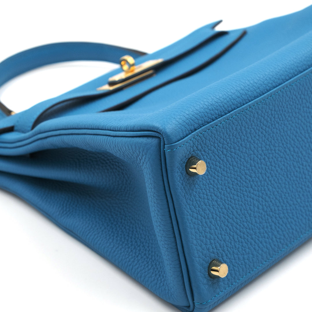 Hermès  Togo Kelly Retourne 28 Bleu Zanzibar Gold Hardware Bag