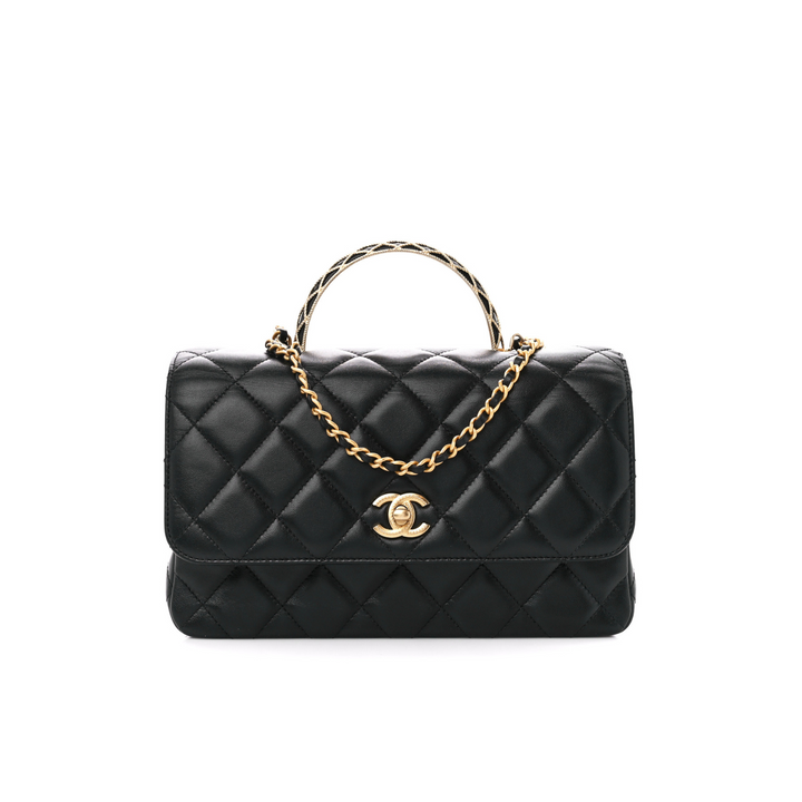 Chanel Lambskin Quilted Small Metal Top Handle Flap With Chain Black Bag ( Limited Edition)