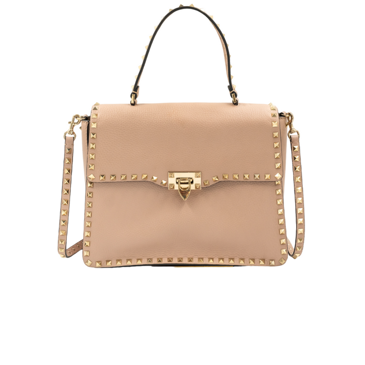 VALENTINO GARAVANI GRAINED CALFSKIN ROCKSTUD TOP HANDLE FLAP SHOULDER BAG POUDRE