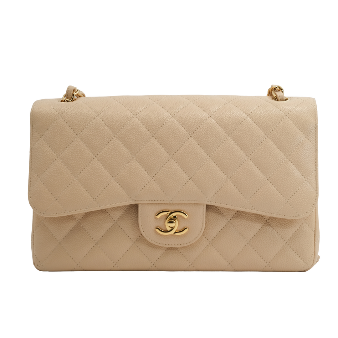 Chanel Timeless Caviar jumbo Double flap Beige Bag