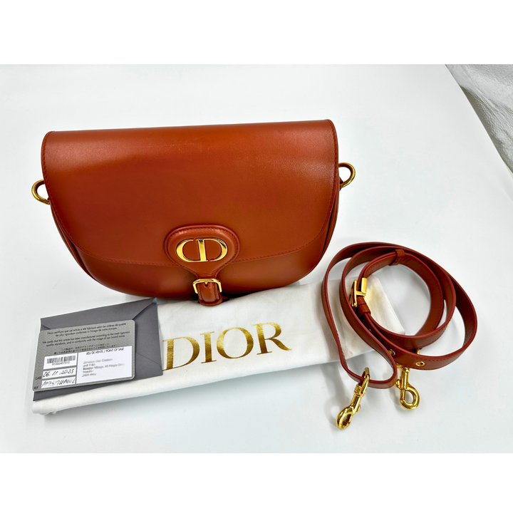  CHRISTIAN DIOR BOX CALFSKIN MEDIUM BOBBY FLAP DARK TAN BAG