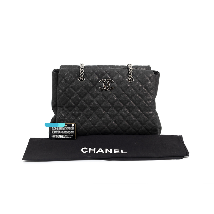 Chanel Black Quilted Matte Caviar Leather Lady Pearly Tote Bag