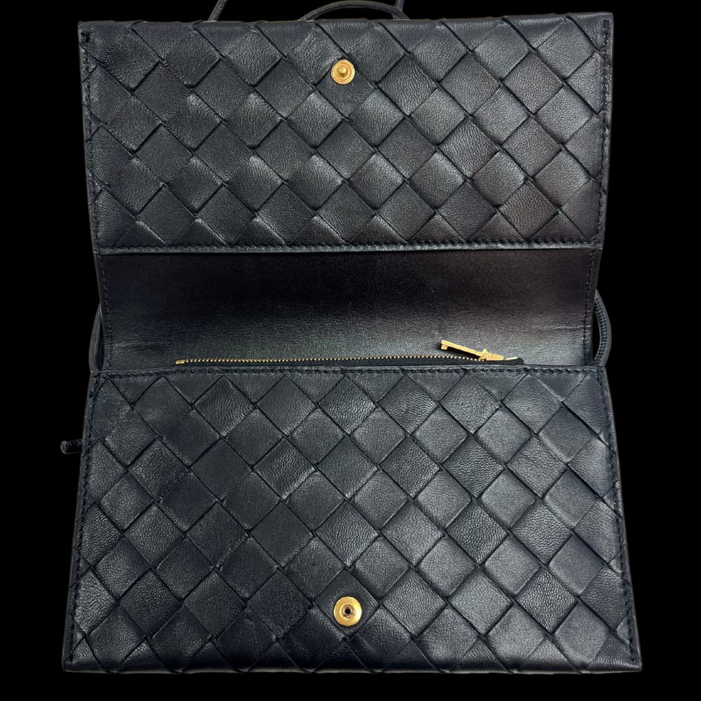 Bottega Veneta Intrecciato Leather Chain Shoulder Wallet Black